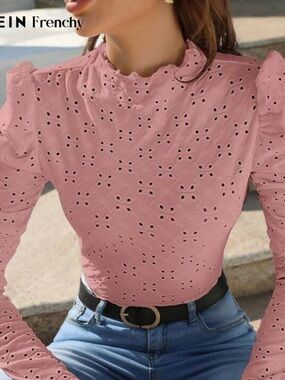 SHEIN Rose Pink Eyelet Ruffle High-Neck Long Sleeve Top